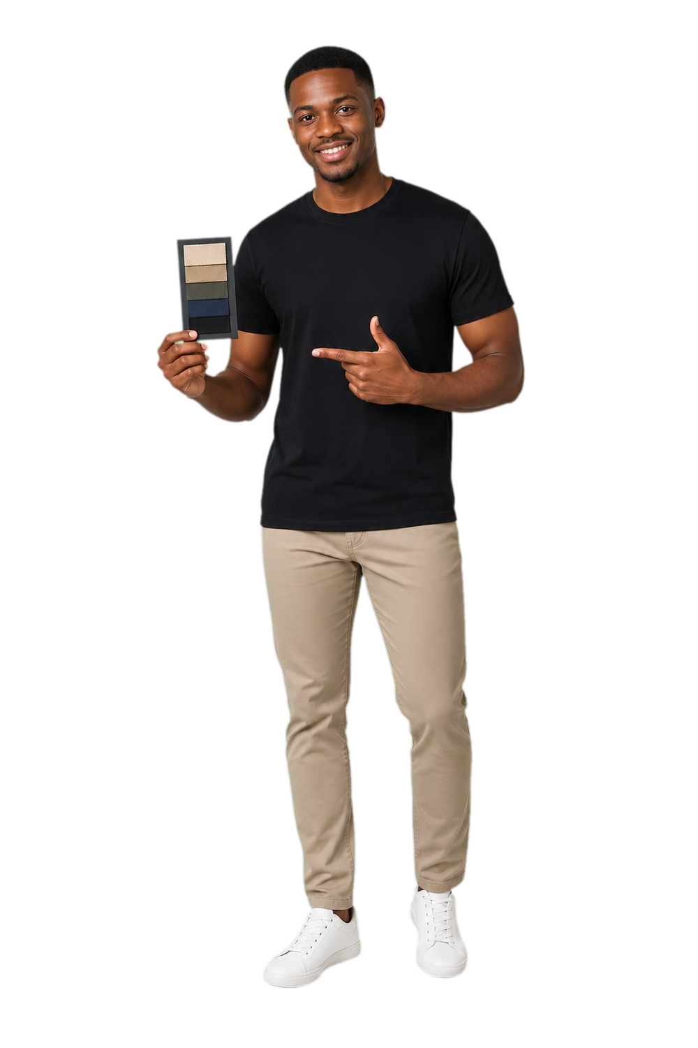 South African man in a premium black plain T-shirt holding a fabric swatch card