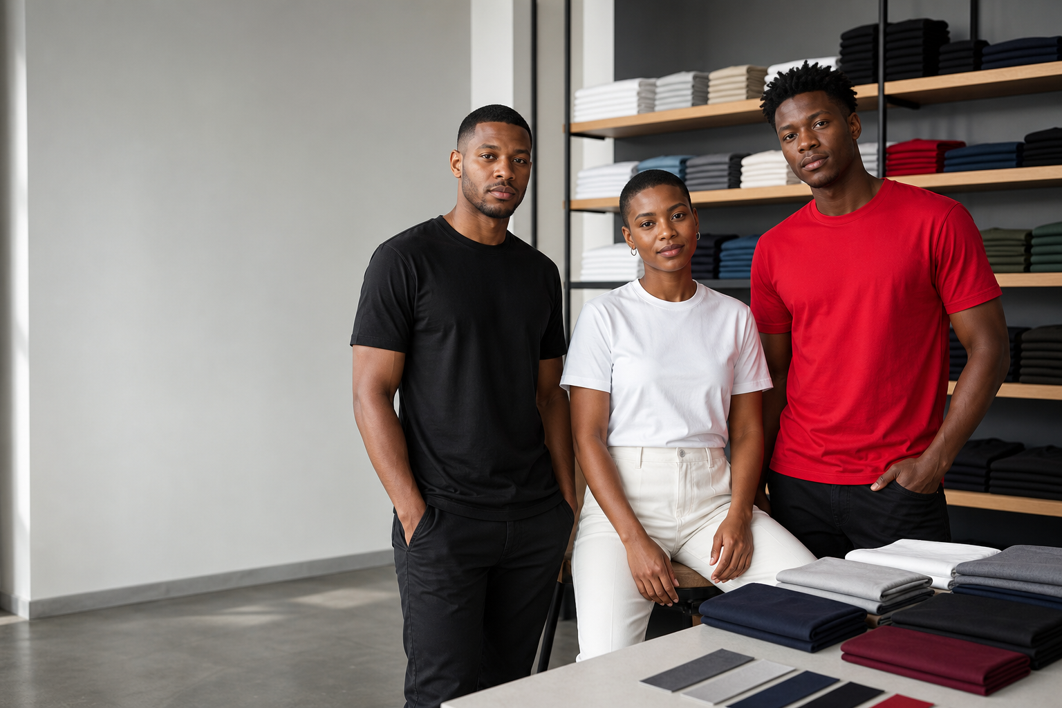 Three South African adults wearing black, white and red plain T-shirts in a blank-apparel showroom