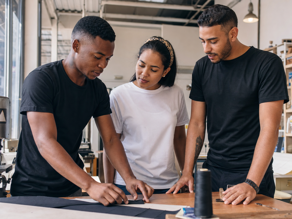 Small business team wearing simple black and white plain T-shirts